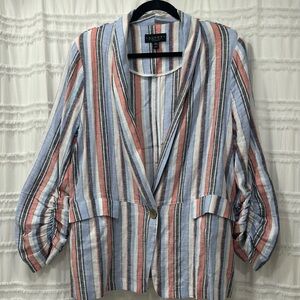 Laundry By Shelli Segal Striped Scrunched Sleeve Linen Blend Blazer Blue White